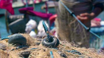 Preparing The Fishing Nets In The Port For Fishing Footage. video