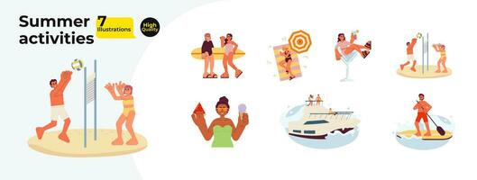 Summer beach activities cartoon flat illustration bundle. Summertime diverse people 2D characters isolated on white background. Volleyball players, watersport leisure vector color image collection