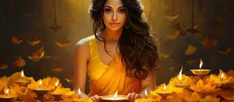 Diwali, Festival of Lights, yellow background. Web banner design with candles and woman. Ai Generated photo