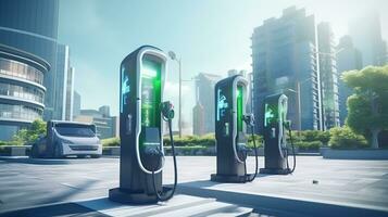 Modern fast electric vehicle car chargers. EV car charging station. Ai Generated photo