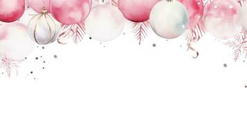 Christmas border with pink balls on white background. Watercolor Christmas and New Year background. Ai Generated photo