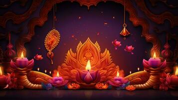 Glowing candles for Indian holiday Diwali Festival of lights on dark background. Ai Generated photo