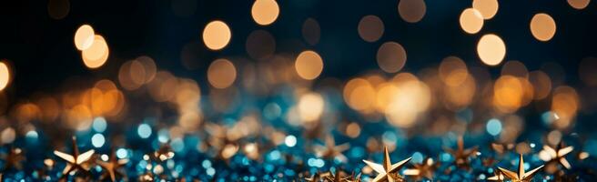 Panoramic bokeh, bright lights, lighting on a dark background - AI generated image photo