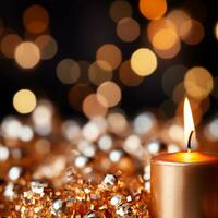 Blurred bokeh, bright candle lights, lighting on a dark background - AI generated image photo