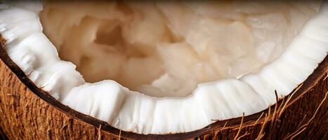 Close-up view of a halved coconut. AI Generative photo