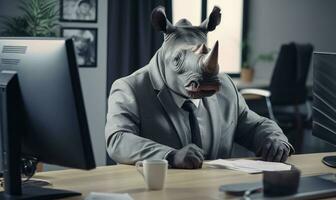 rinoceronte trabajos diligentemente en oficina. ai generativo foto