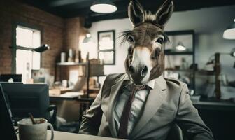 Business-dressed donkey at desk. AI Generative photo