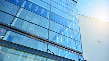 Glass building with transparent facade of the building and blue sky. Structural glass wall reflecting blue sky. Abstract modern architecture fragment. Contemporary architectural background. photo