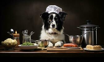 Dog in chef's hat confidently presides over a table. AI Generative photo