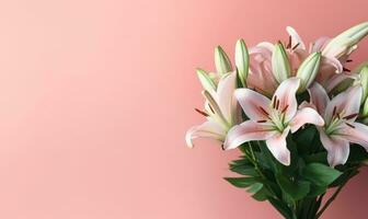 Delicate white lilies on a soft pink background. AI Generative photo