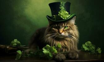 Elegant cat in a green hat and tie celebrating St. Patrick's Day. AI Generative photo