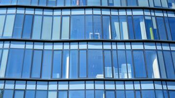 Glass building with transparent facade of the building and blue sky. Structural glass wall reflecting blue sky. Abstract modern architecture fragment. Contemporary architectural background. photo