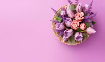 Lush purple tulips in a delicate wicker basket. AI Generative photo