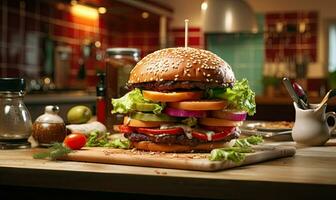 Mouth watering hamburger with fresh ingredients. AI Generative photo
