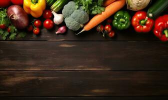 Vegetables on old wood table background. AI Generative photo