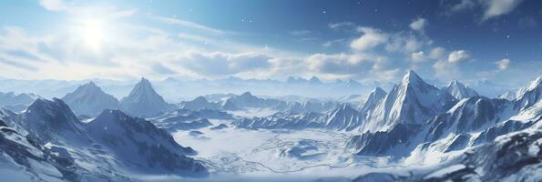 vast desolated snow land, big mountains in the background, snowfall with light blue sky and light blue colors, peaceful atmosphere,  AI Generative photo