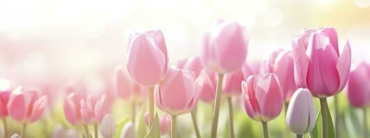hermosa rosado tulipán en un borroso primavera soleado antecedentes. generativo ai foto
