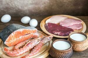 proteína dieta crudo productos en el de madera antecedentes foto