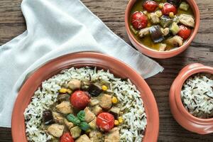 Thai green chicken curry with mix of white and wild rice photo