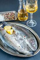 Fresh trouts in ice on the vintage metal tray photo