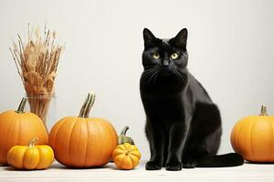 AI Generated Cute funny black cat in halloween decor room. Happy Halloween party concept photo