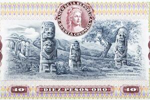 Archeological site with monoliths from old Colombian money photo