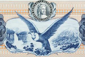 Condor with waterfall and mountains from old Colombian money photo