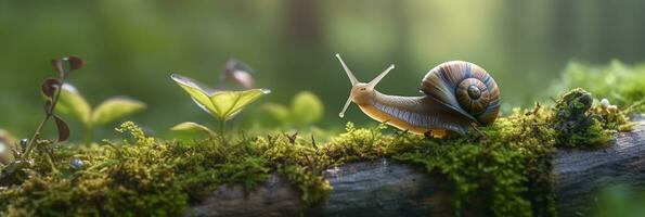 A Journey Through the Forest. Close-up of a Snail in the Forest with Natural Background. AI Generative photo