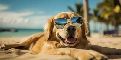 Golden Retriever dog is on summer vacation at seaside resort and relaxing rest on summer beach of Hawaii. AI Generative photo
