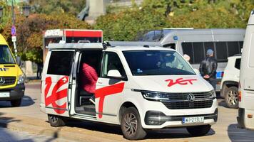 Warsaw, Poland. 24 October 2023. TV news car. Special transport for reporters. Mobile Television  in Presidential Palace to transmit a signal . Live from the scene. Sign Radio Zet. photo