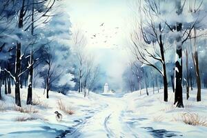 Winter picturesque watercolor landscape. Ai art photo