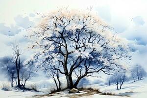 Winter picturesque watercolor landscape. Ai art photo