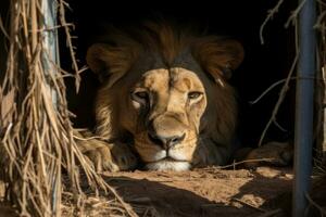 Lion locked in cage. Skinny Sick lonely lion in cramped jail behind bars with sad look. Concept of keeping animals in captivity where they suffer. Prisoner. Waiting for liberation. Animal abuse. photo