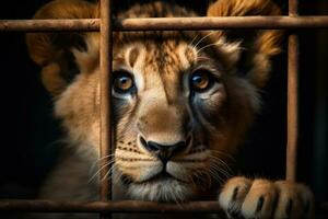 pequeño león cachorro bloqueado en jaula. flaco solitario león en estrecho cárcel detrás barras, triste mirar. acuerdo animales en cautiverio dónde ellos sufrir. prisionero. esperando para liberación. animal proteccion concepto. foto