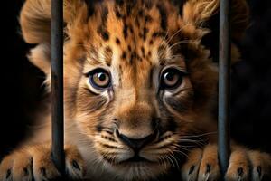 Little Lion cub locked in cage. Skinny lonely lion in cramped jail behind bars with sad look. Concept of keeping animals in captivity where they suffer. Prisoner. Waiting for liberation. Animal abuse. photo