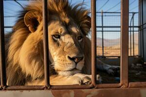 Lion locked in cage. Skinny Sick lonely lion in cramped jail behind bars with sad look. Keeping animals in captivity where they suffer. Prisoner. Waiting for liberation. Animal protection concept photo