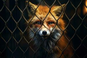 Fox locked in cage. Emaciated, skinny lonely fox in cramped jail behind bars with sad look. Concept of keeping animals in captivity where they suffer. Prisoner. Waiting for liberation. Animal abuse. photo