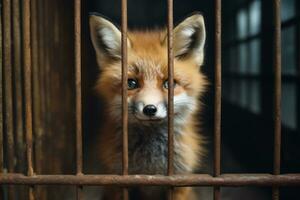 Fox locked in cage. Emaciated, skinny lonely fox in cramped jail behind bars with sad look. Keeping animals in captivity where they suffer. Prisoner. Waiting for liberation. Animal protection concept. photo