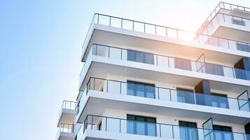 Modern luxury residential flat. Modern apartment building on a sunny day. Apartment building with a blue sky. Facade of a modern apartment building. photo