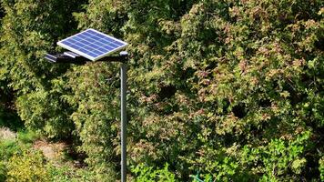 Lighting pole with photovoltaic panel and LED lamp lights with green background on in garden. Production of renewable energy concept. photo