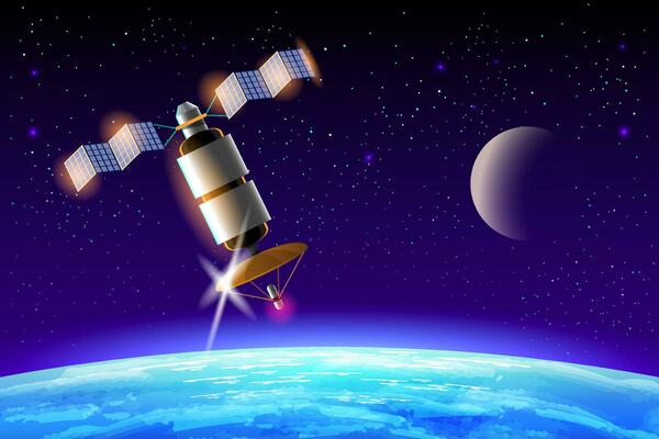 Artificial satellites orbiting the planet Earth in outer space isolated on dark background. Cartoon style vector illustration.