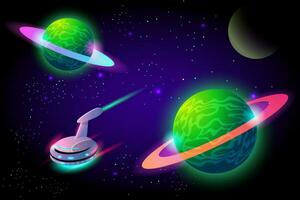 Spaceship flying above planet in space. Universe and galaxy exploration, future science concept with alien planet landscape and futuristic shuttle, vector cartoon illustration