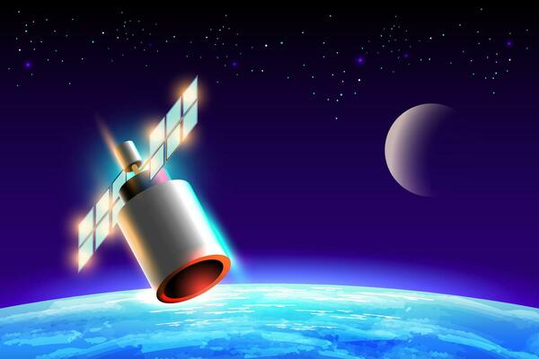 Artificial satellites orbiting the planet Earth in outer space isolated on dark background. Cartoon style vector illustration.