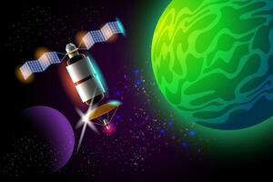 Artificial satellites orbiting the planet Earth in outer space isolated on dark background. Cartoon style vector illustration.