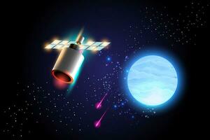 Artificial satellites orbiting the planet Earth in outer space isolated on dark background. Cartoon style vector illustration.