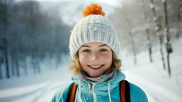 Young skier in a knitted hat with a pompom stands against the backdrop of a winter landscape and smiles. AI generated. photo