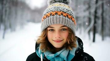 Young skier in a knitted hat with a pompom stands against the backdrop of a winter landscape and smiles. AI generated. photo