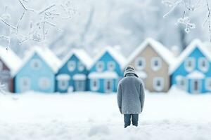 ai generado un triste hombre soportes en un calle en invierno en un azul lunes. ai generado. foto