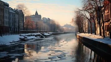 Winter city landscape at dawn. AI generated photo