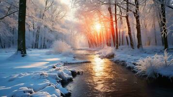 Winter landscape, river, forest, low winter sun. AI generated photo